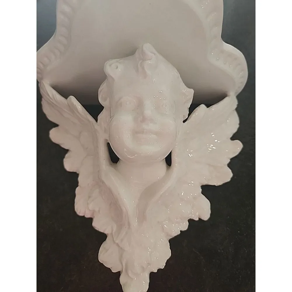 Beautiful ITALIAN pottery CHERUB ANGEL‎ Wall Hanging Shelf BRACKET white ceramic